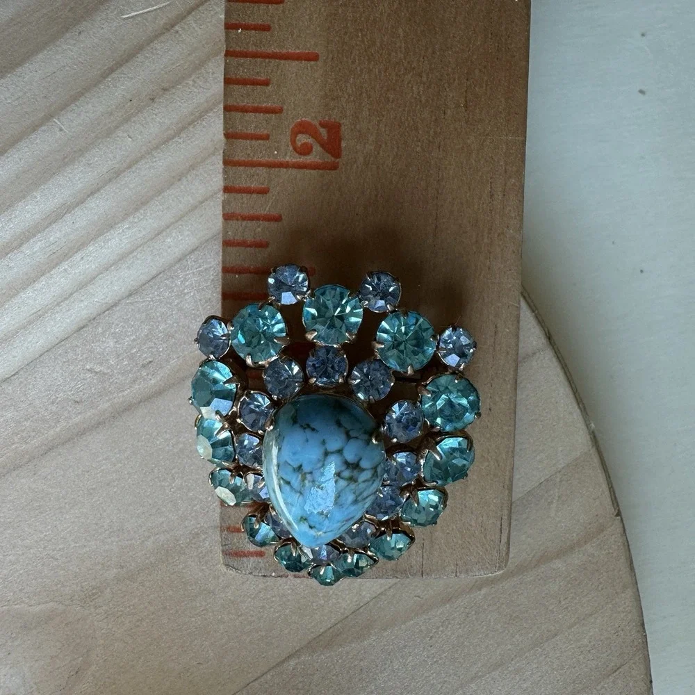 VTG 1950s Pin Brooch 1.5 Inch MCM Turquoise Marble Glass‎ Blue Rhinestone Gold